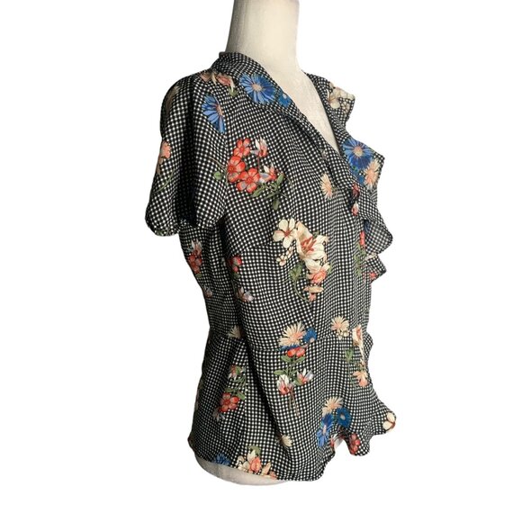 Maurices Black Checkered Wrap Top Medium Floral Ruffle Peplum Puff Sleeve - Picture 5 of 6